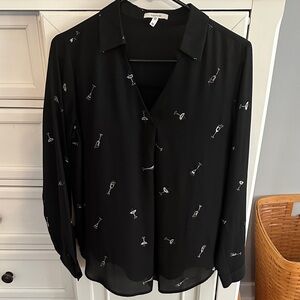 Maurices Black Blouse with White Cocktail Glass Print